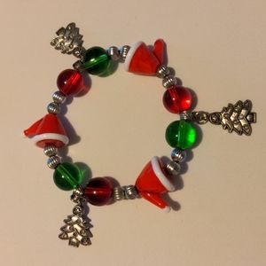 Whimsical Fun Slip-On Christmas Bracelet with Santa Hats and Xmas Trees
